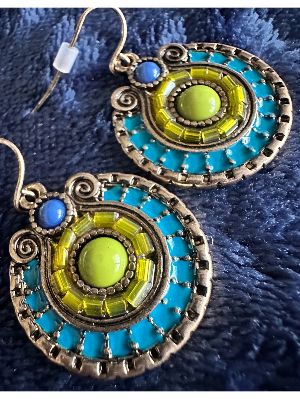 Blue and Lime Round Drop Earrings.  Eclectic and boho vibe 💚